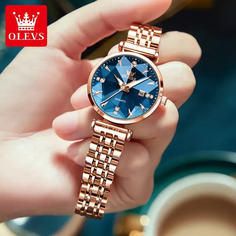 Olevs Luxury Blue Diamond Dial Rose Gold Ladies Watch | 5536
